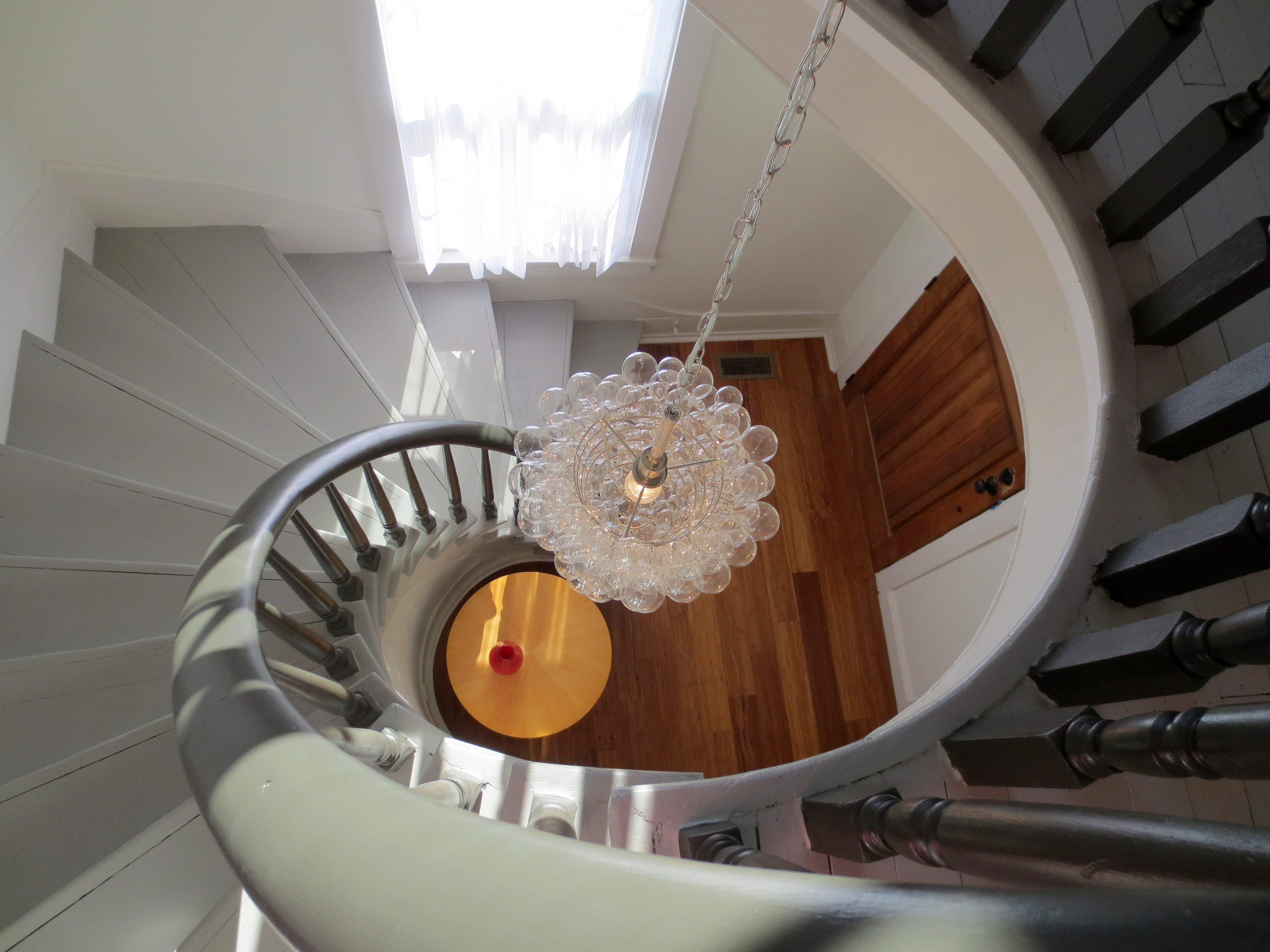 The Landmark restored spiral stairway looking down