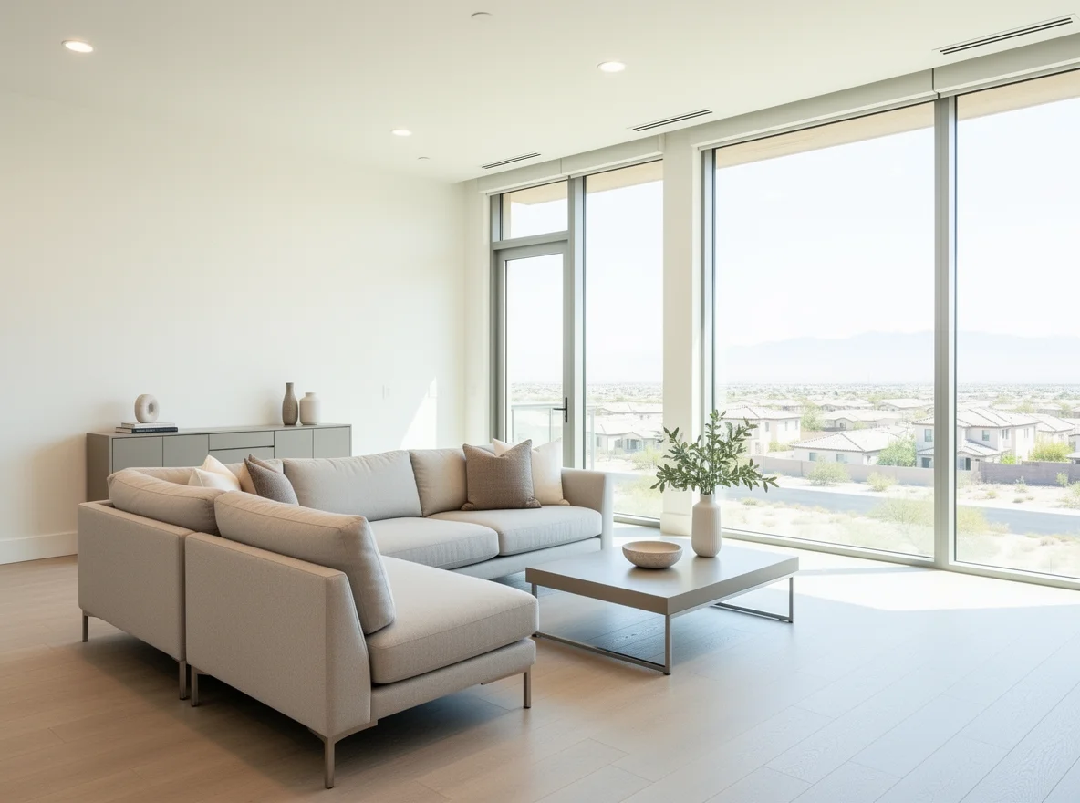 Bright staged living room with neutral tones and natural light