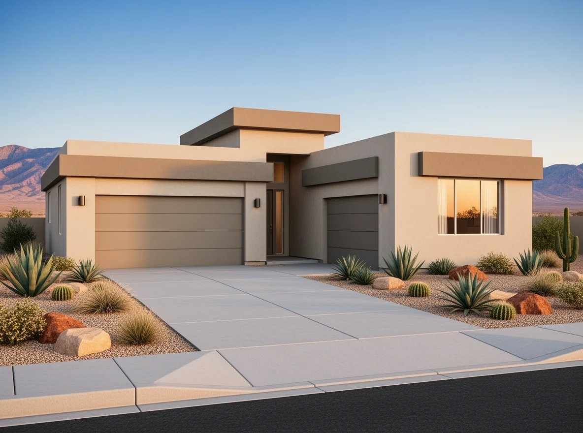 New-construction home exterior with desert landscaping in Enterprise, Nevada