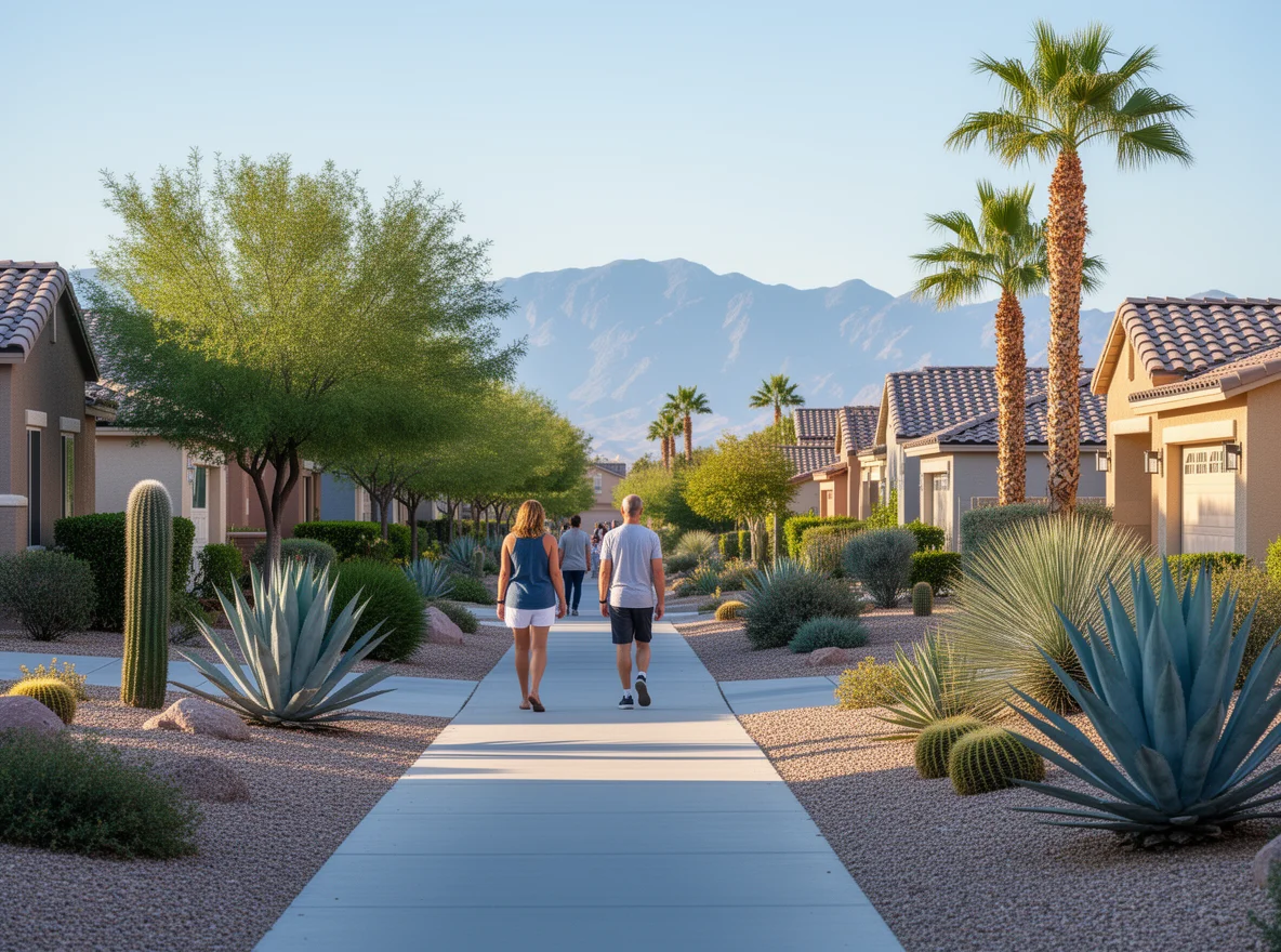 Quiet morning walk along a residential sidewalk in Summerlin