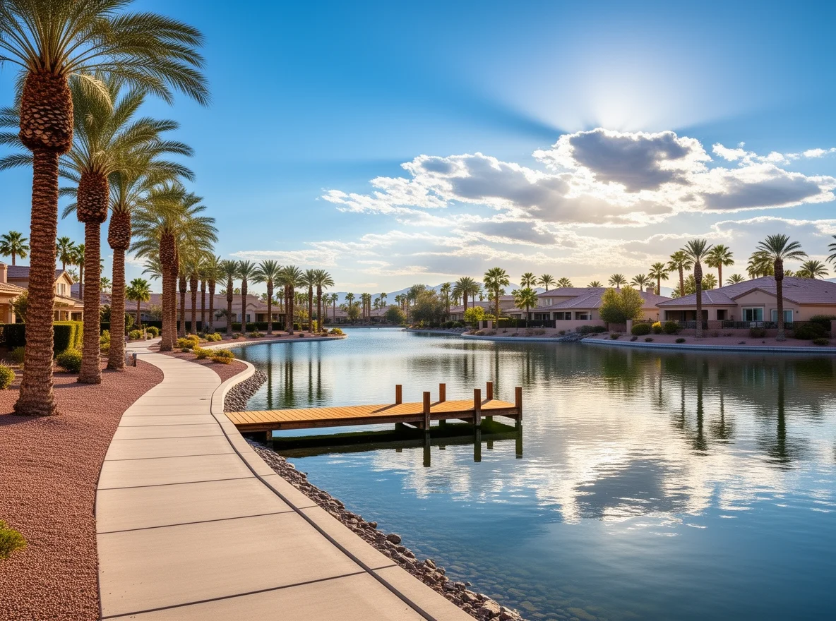 Lakeside path and water views in The Lakes, Las Vegas