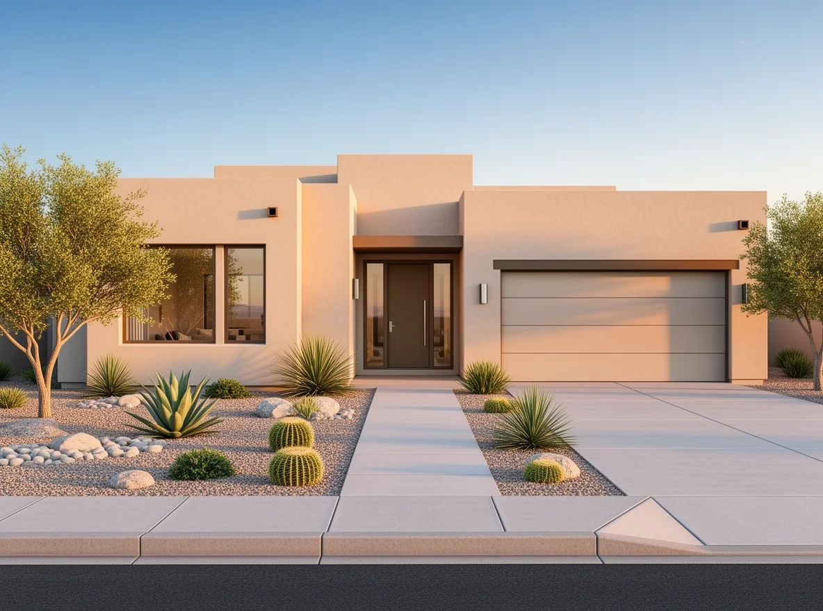 Modern Southwestern home exterior with desert landscaping