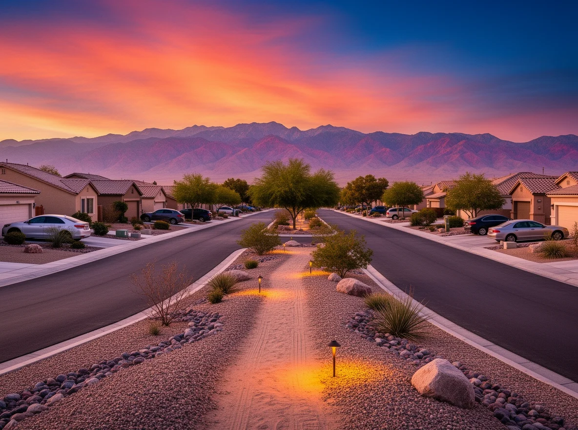 Las Vegas desert neighborhood with mountains at sunset
