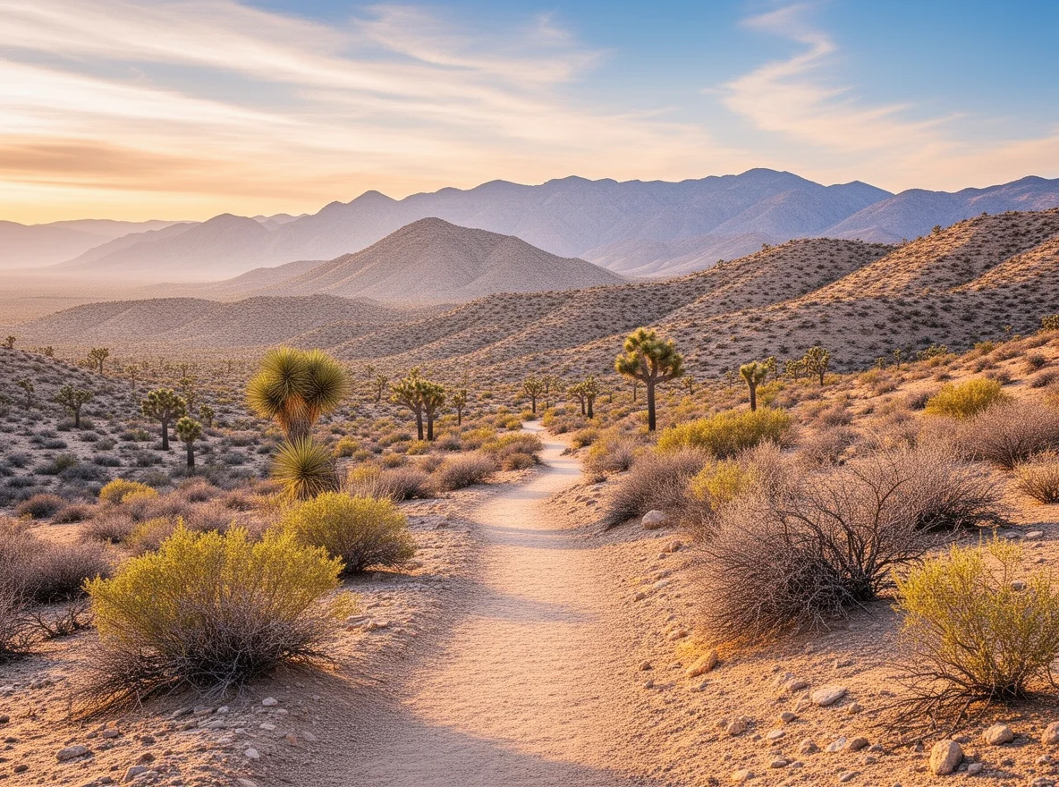 Sunrise desert trail and mountain views near Enterprise