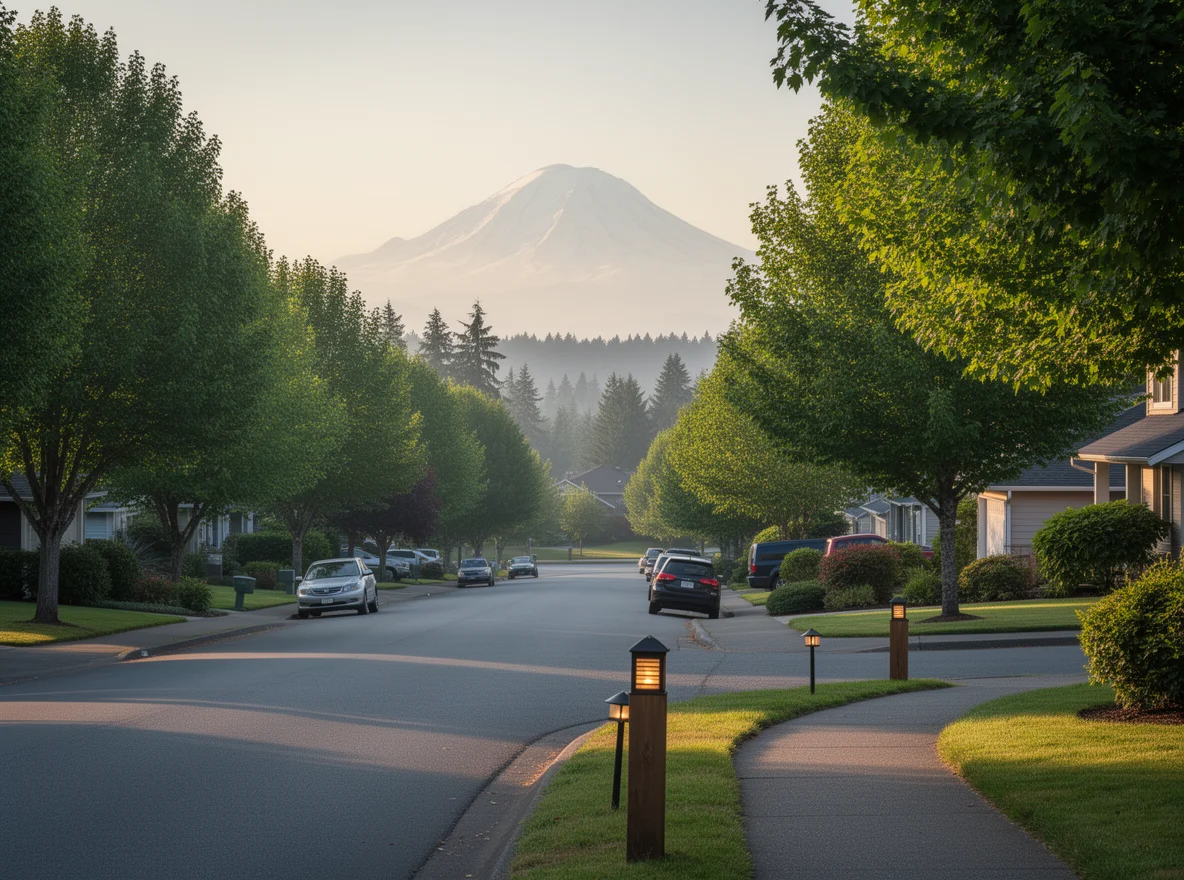 Tree-lined neighborhood in Puyallup with Mount Rainier in the distance