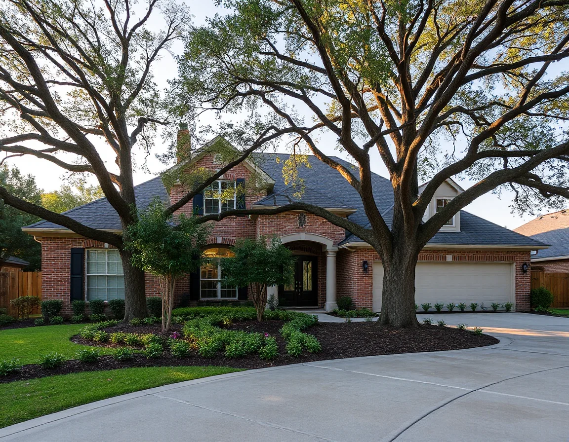 Landscaped Memorial home exterior with mature trees
