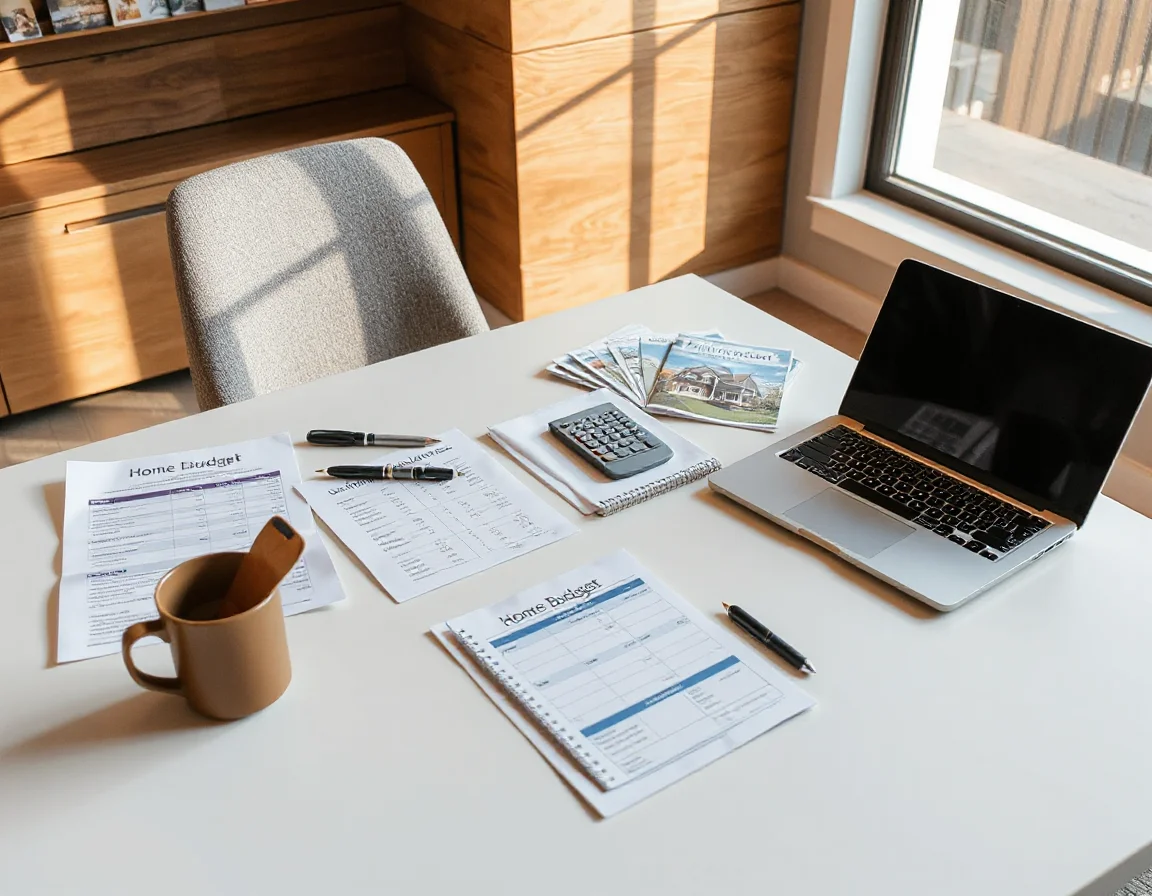 Home buying budget documents and calculator on a desk