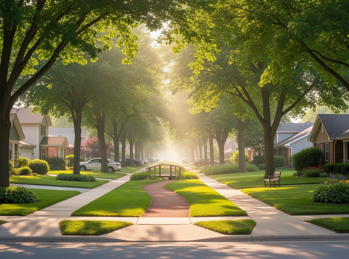 Quiet tree-lined neighborhood street in Grandville, Michigan