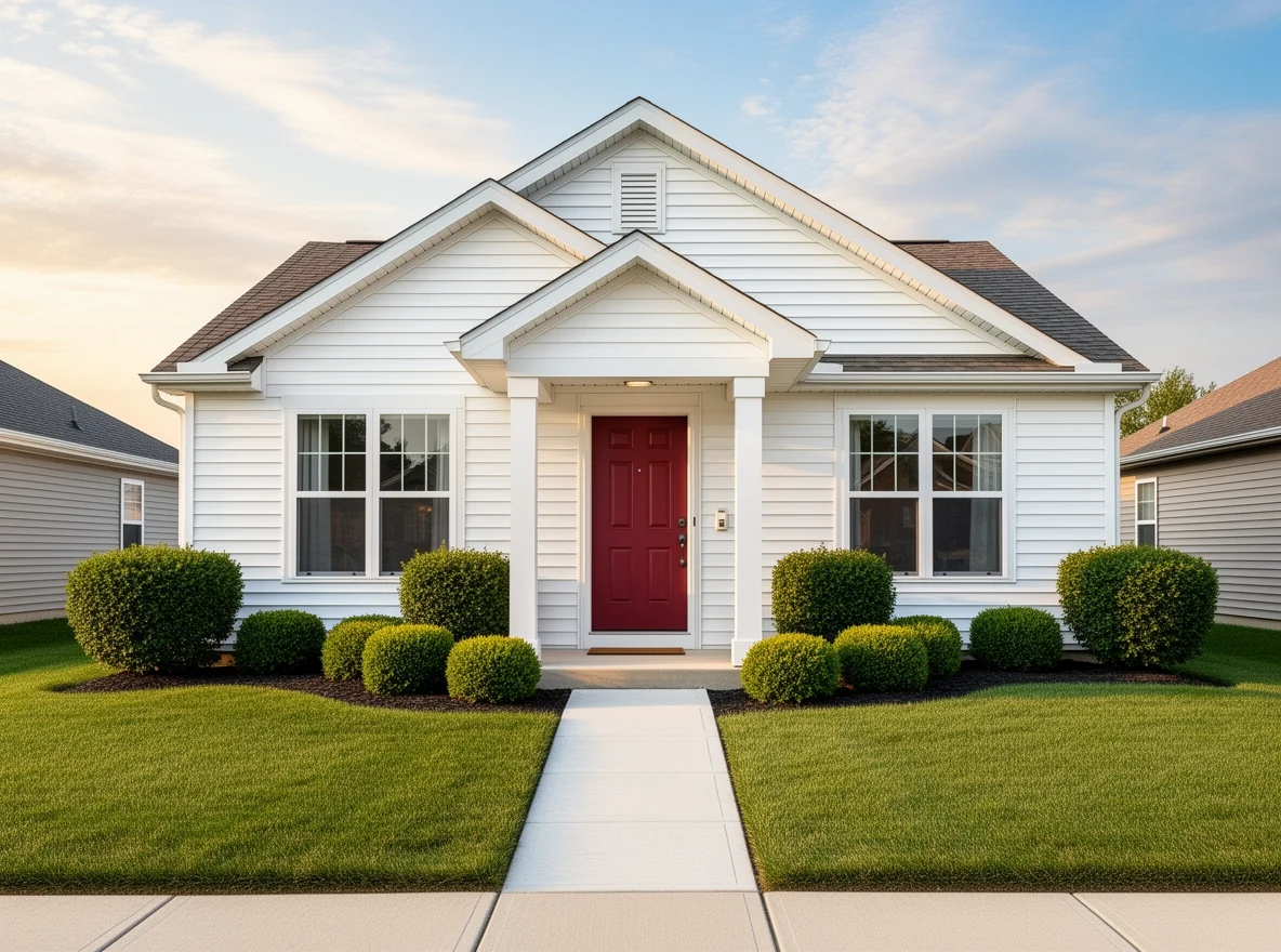 Crisp curb appeal with painted front door and neat landscaping