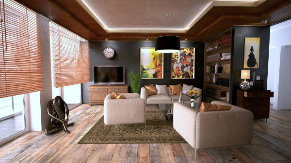 Luxurious Living Room with Large Windows and Television