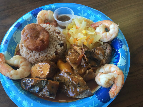 Big Bowl of the Best Jamaican Food served at the Jerk Cafe in Yarmouth 