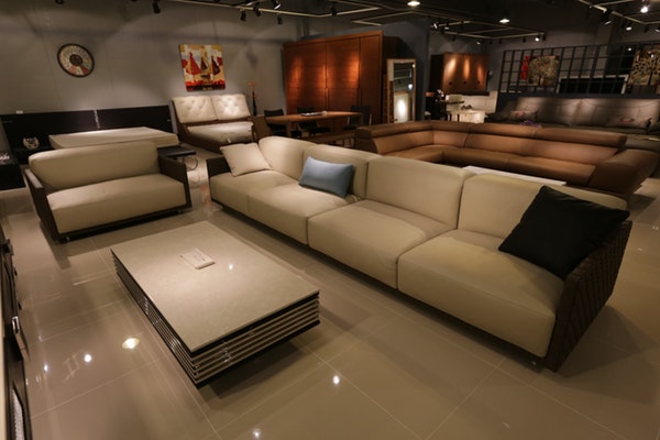 A showroom of living room furniture on display