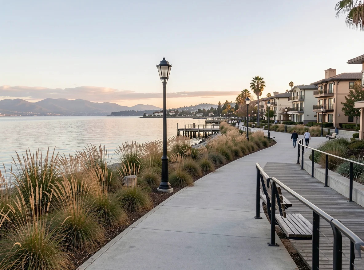 Waterfront shoreline and bay trail in Hercules, CA