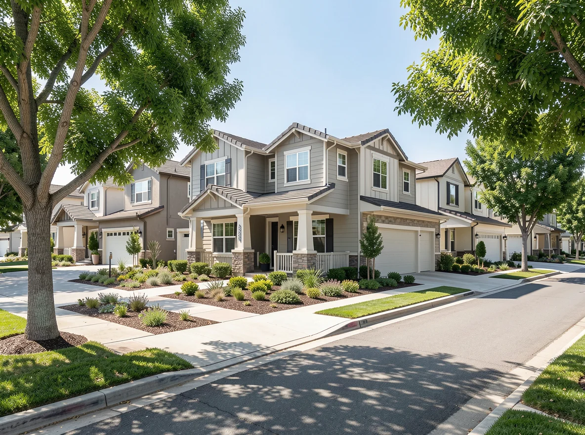 Tree-lined Irvine neighborhood street with landscaped medians and contemporary homes