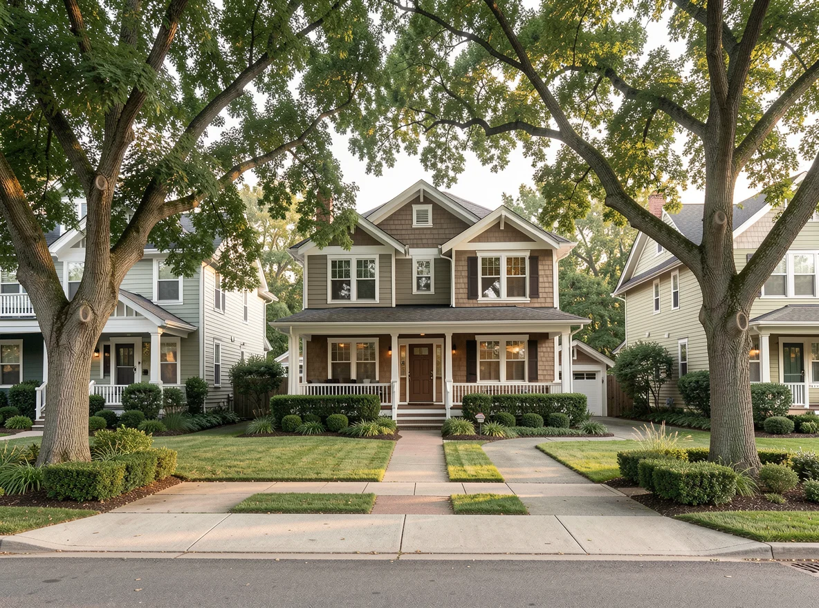 Oakland neighborhood streetscape with mature trees and classic homes