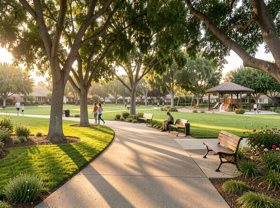 Scenic Irvine park trail with open green space and mature trees