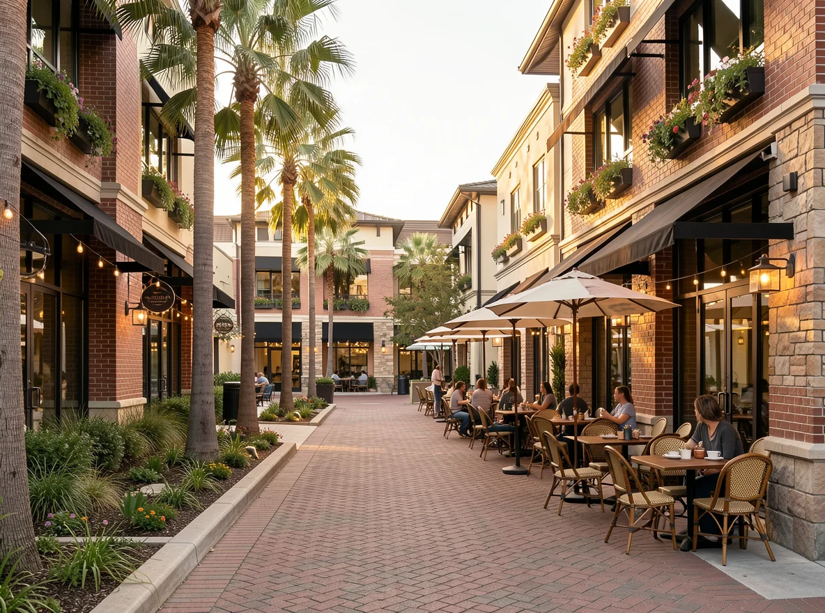 Modern Irvine shopping and mixed-use district with landscaped walkways