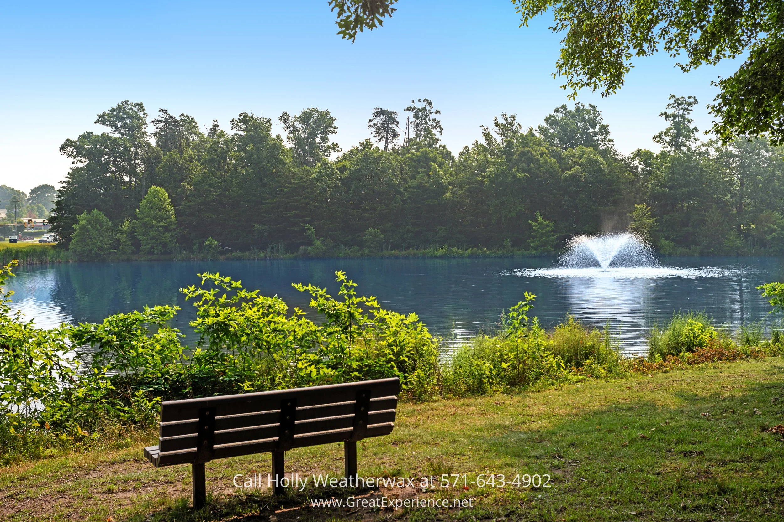 A serene park bench next to a pond with a fountain in the middle, surrounded by trees
