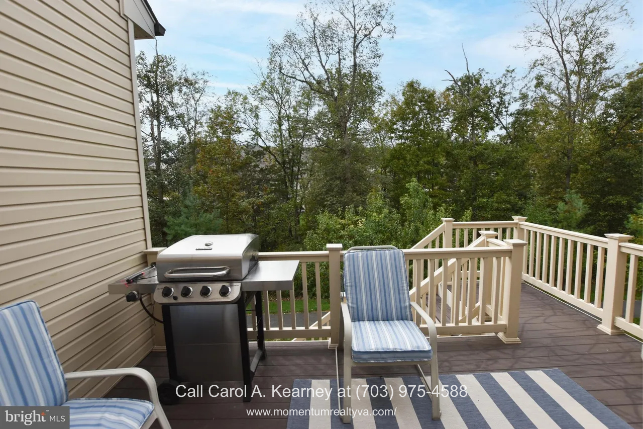 Main-level deck at 19873 Silvery Blue Ter in Ashburn, VA, featuring outdoor seating, grilling area, and stair access, with peaceful wooded views providing privacy and a relaxing outdoor setting in the Lexington 7 55+ community.