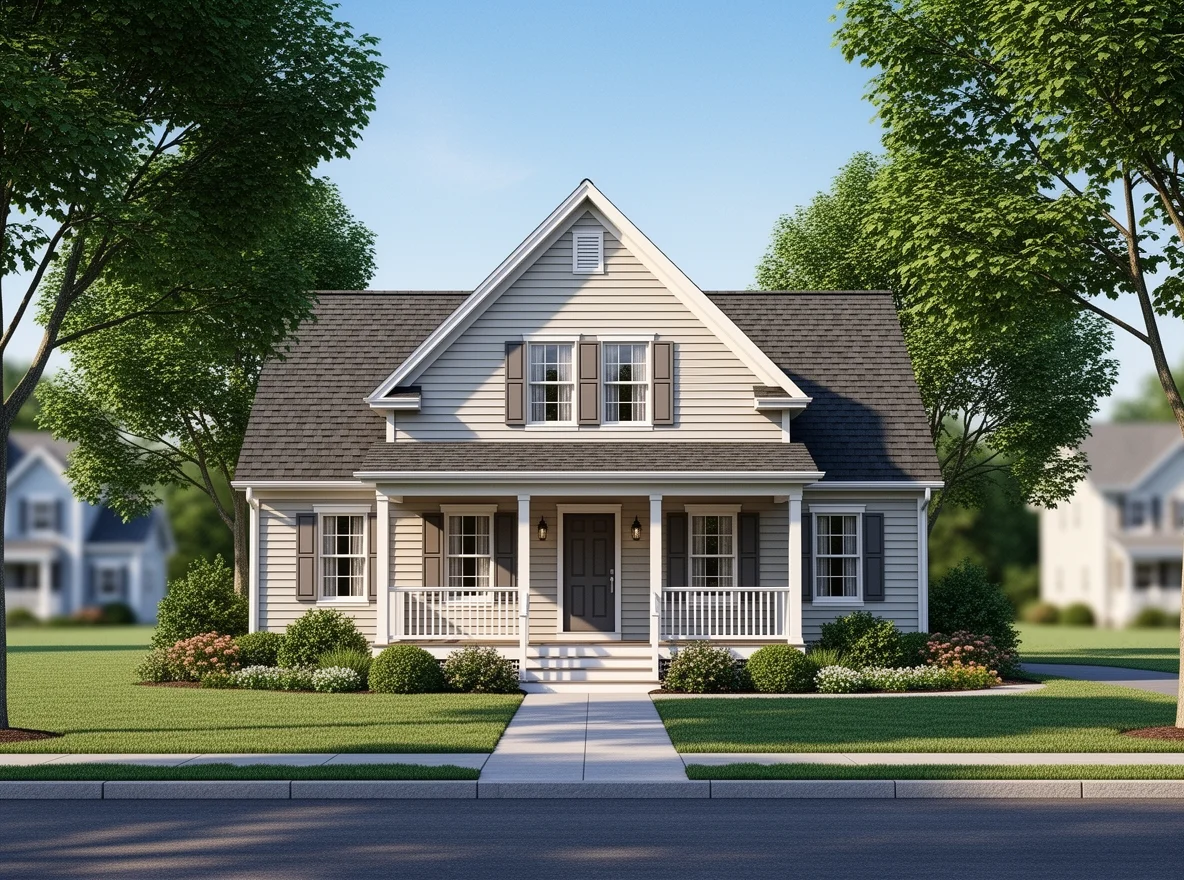 Traditional New England home exterior with porch and mature trees