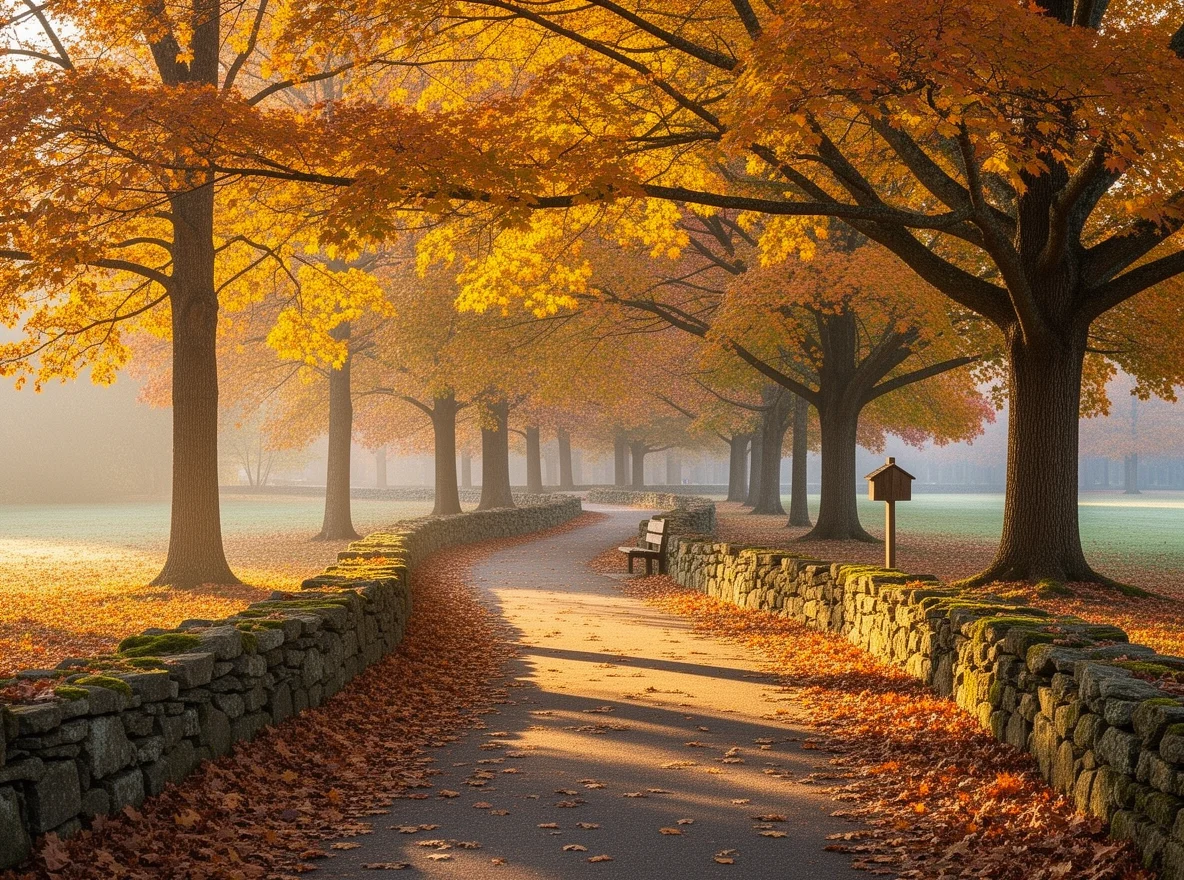 Tree-lined park path in autumn