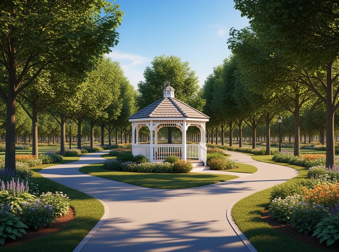 Community park gathering with gazebo and tree-lined paths