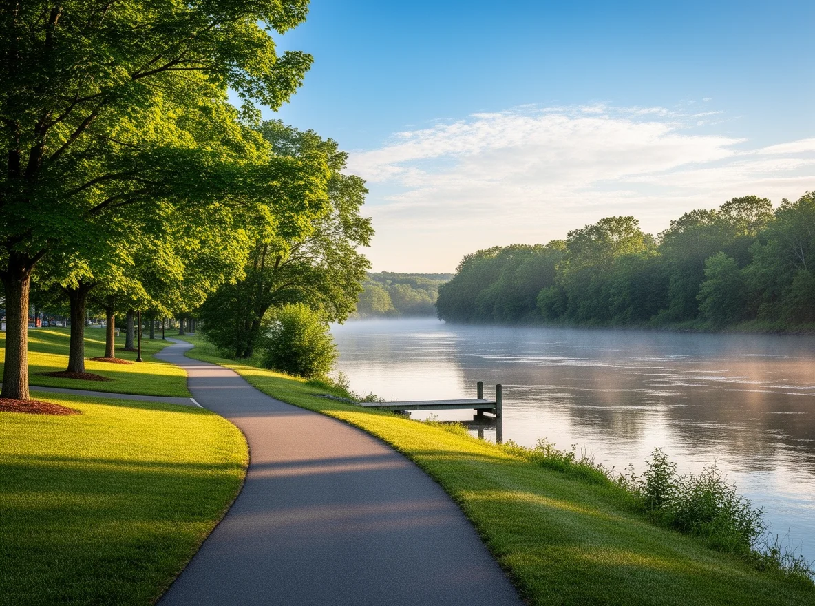 Park and riverfront scene in Nashua NH with walking path and trees