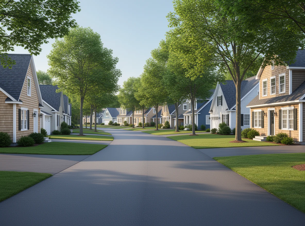 Residential neighborhood in Nashua NH with tree-lined street and New England style homes