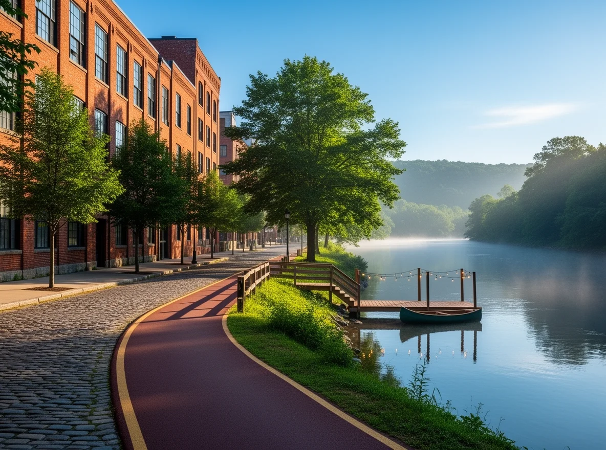 Downtown Nashua New Hampshire streetscape with historic brick buildings and Merrimack River in background