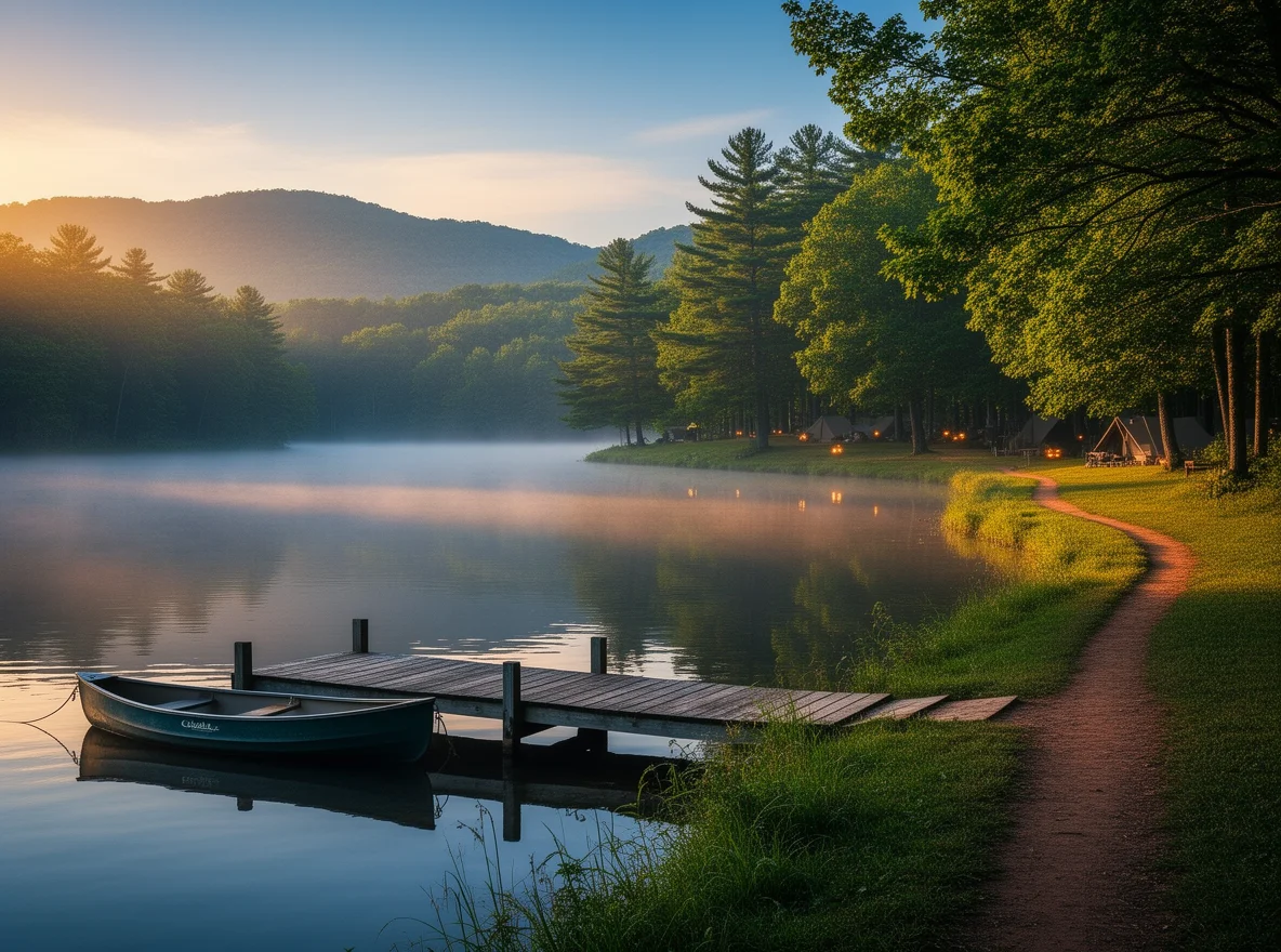 Cobbett's Pond in Windham NH with calm water and wooded shoreline
