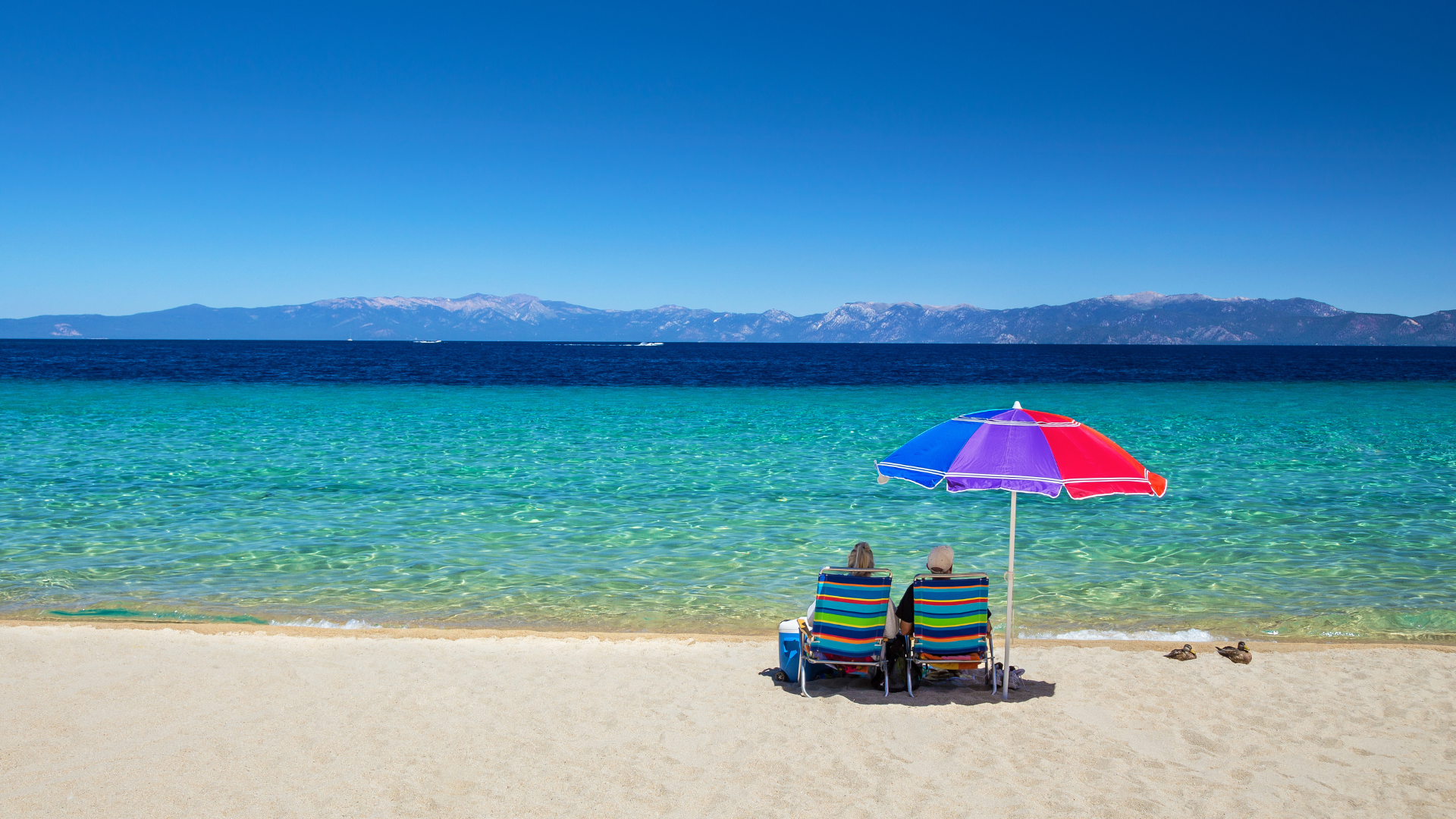 A bright blue sky over a beach scene with people sitting under a colorful umbrella during their Lake Tahoe summer vacation.