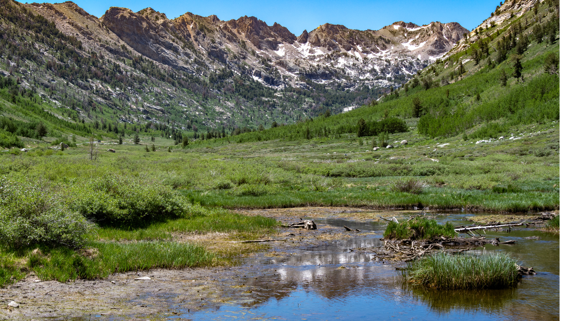 A serene river flows through a lush valley, framed by majestic mountains, showcasing the beauty of Lamoille Canyon near Reno.