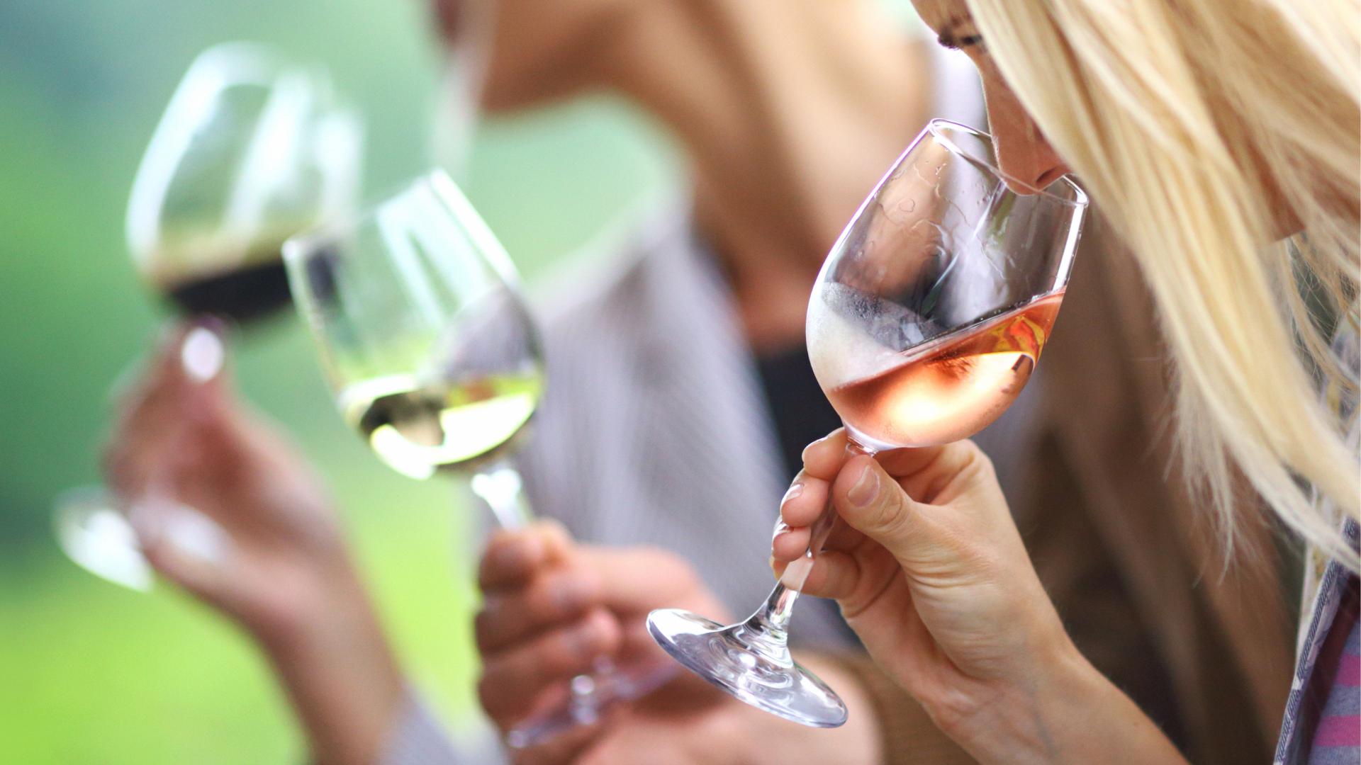 Three women are engaged in a wine tasting, holding glasses to their noses, enjoying the scents of the wine.
