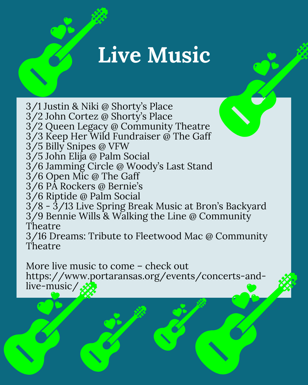 Live Music Schedule March 2024 Port Aransas, Texas