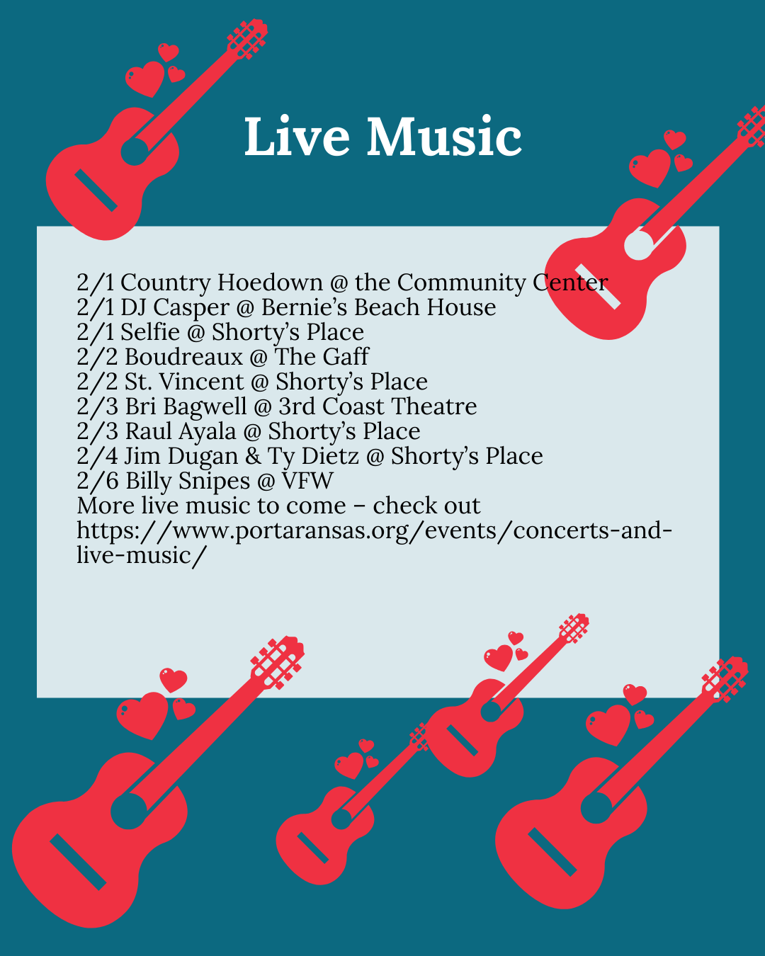 Live music schedule in Port Aransas for February 2024