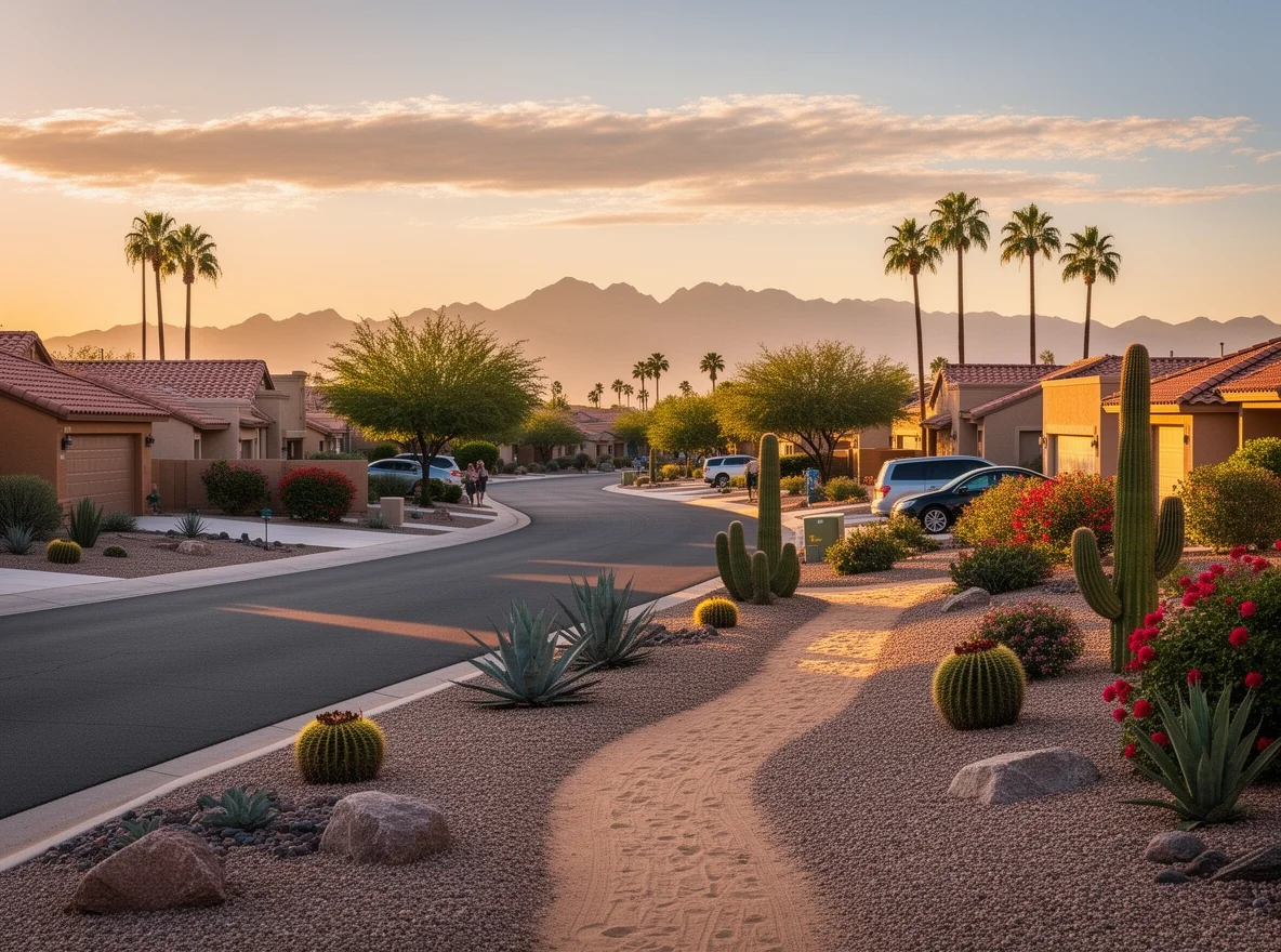 Mesa desert neighborhood with mountain backdrop