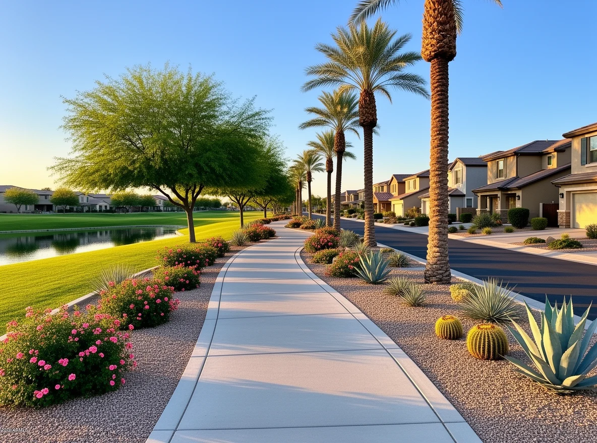 Morning cycling path and neighborhood park lifestyle in Gilbert, Arizona