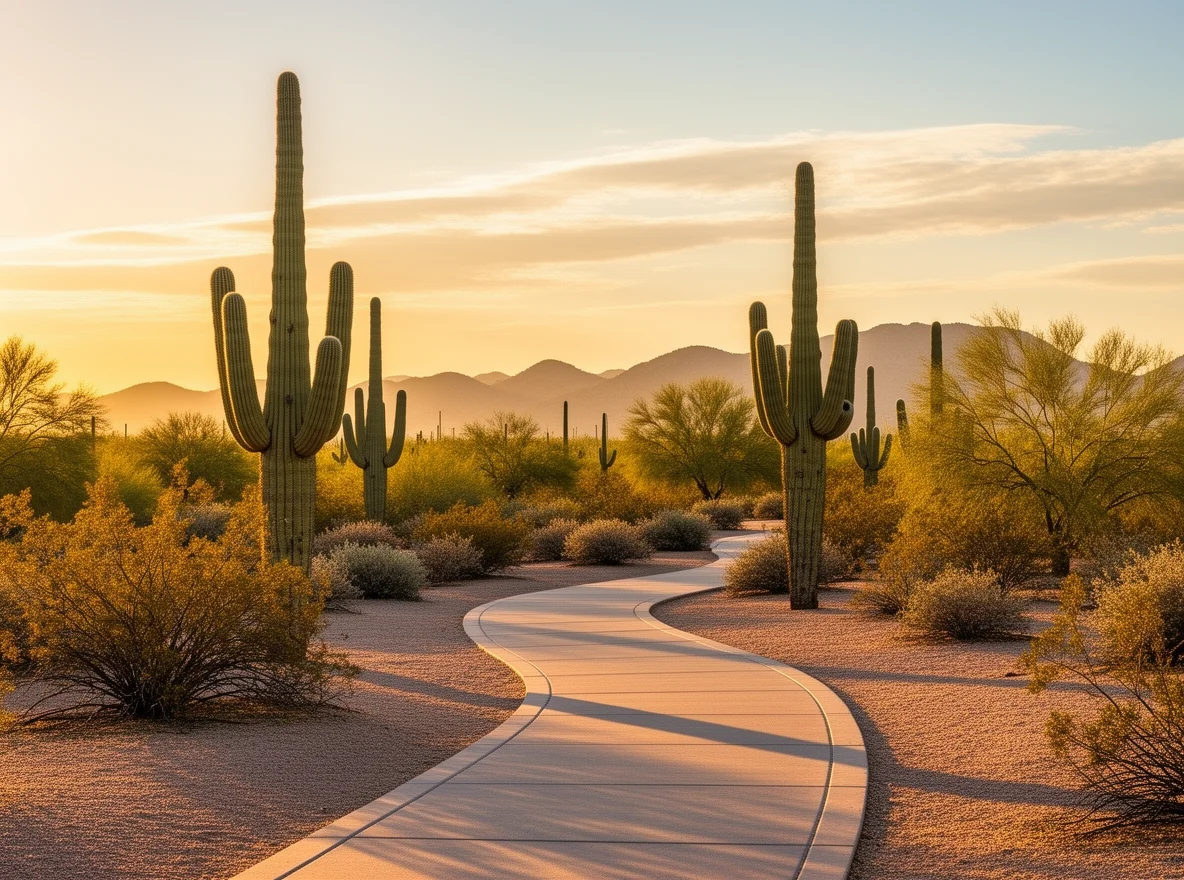 Desert park path with cacti at sunset in Chandler