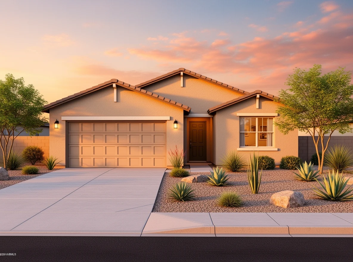 Single-story starter home exterior with desert landscaping in Gilbert, Arizona