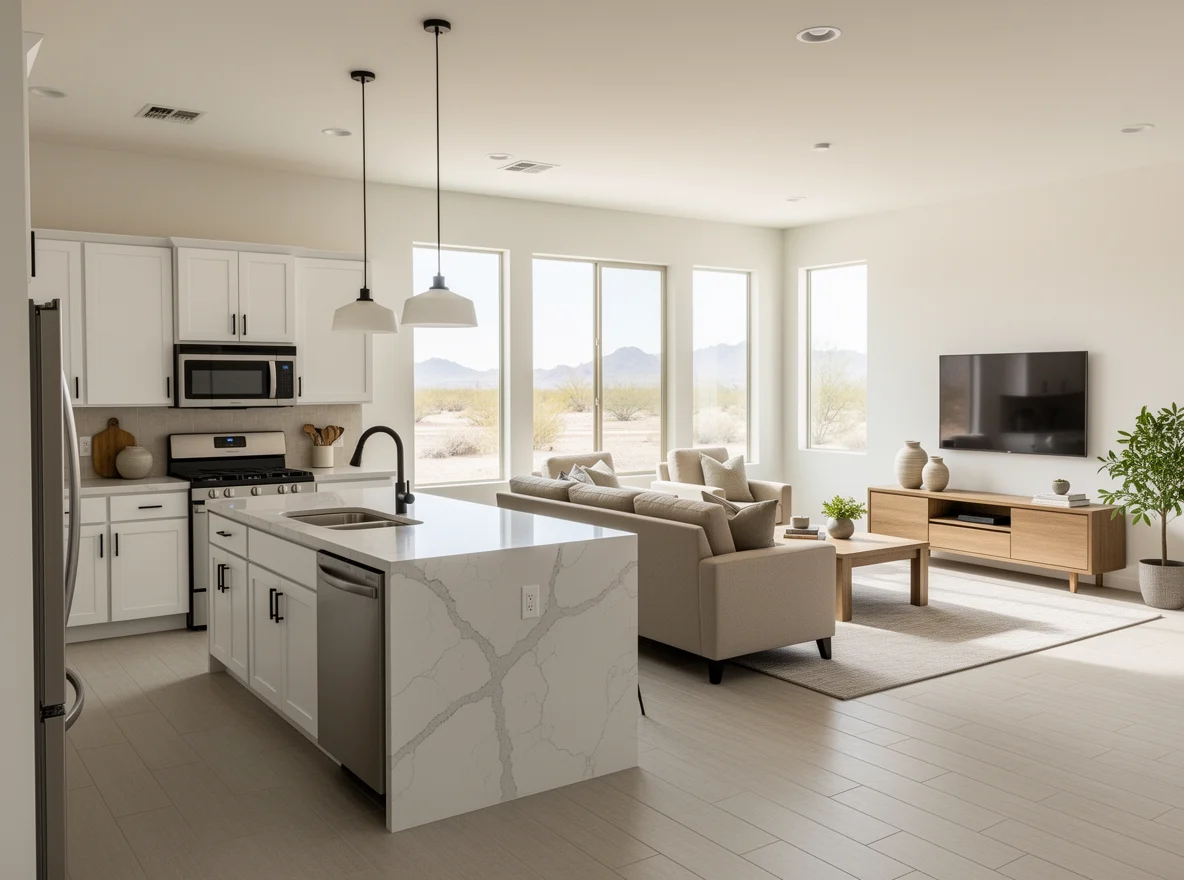 Bright open-concept living room and kitchen in a Gilbert starter home