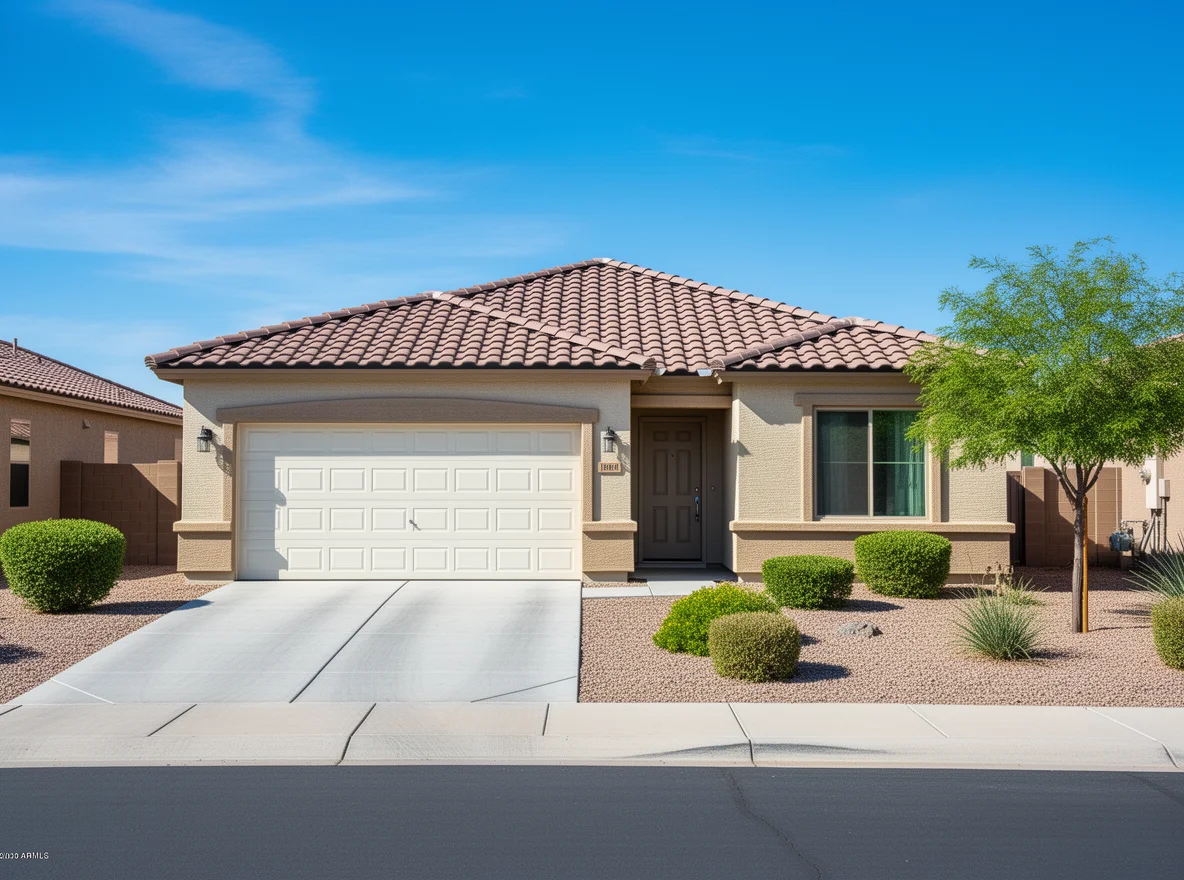 Mesa stucco home with tile roof and desert landscaping