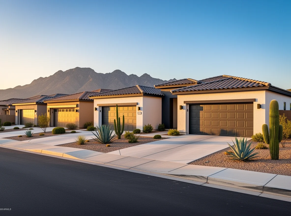 Modern single-story homes with desert landscaping in Queen Creek