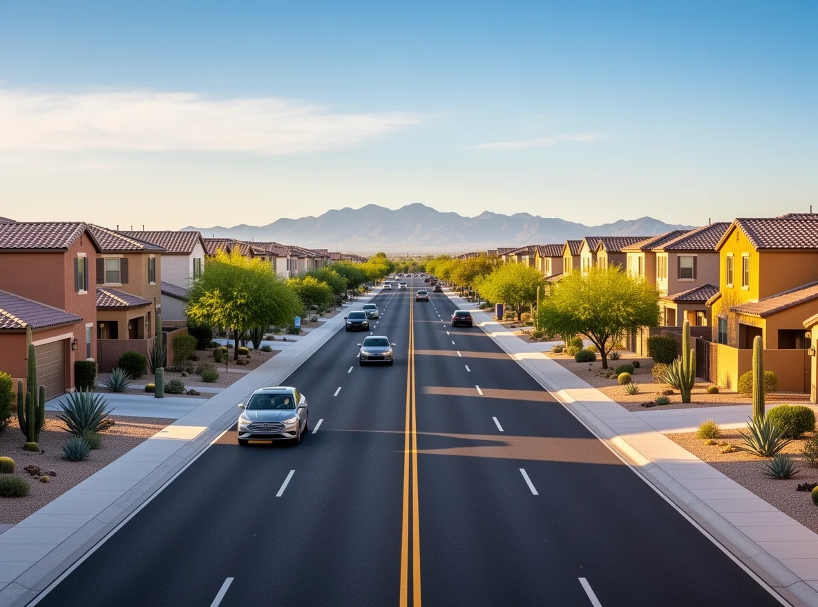 Morning traffic on a desert suburban road near San Tan Valley