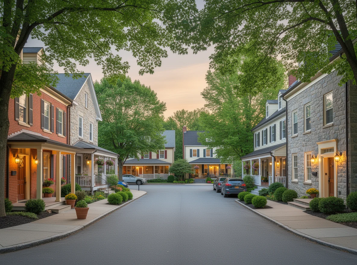 Evening community gathering in a tree-lined village setting in Sewickley