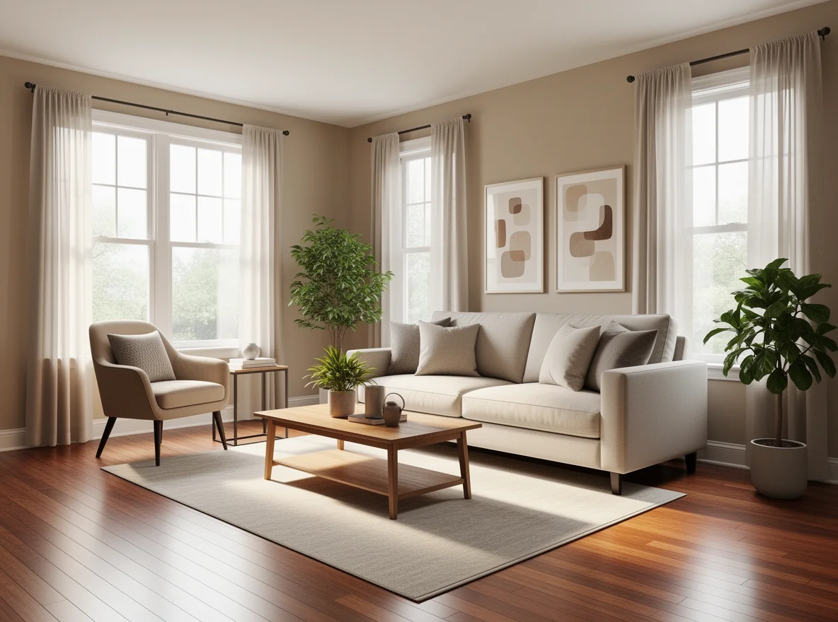 Staged living room with hardwood floors in Pittsburgh