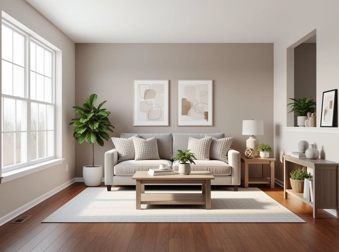 Staged neutral living room with natural light