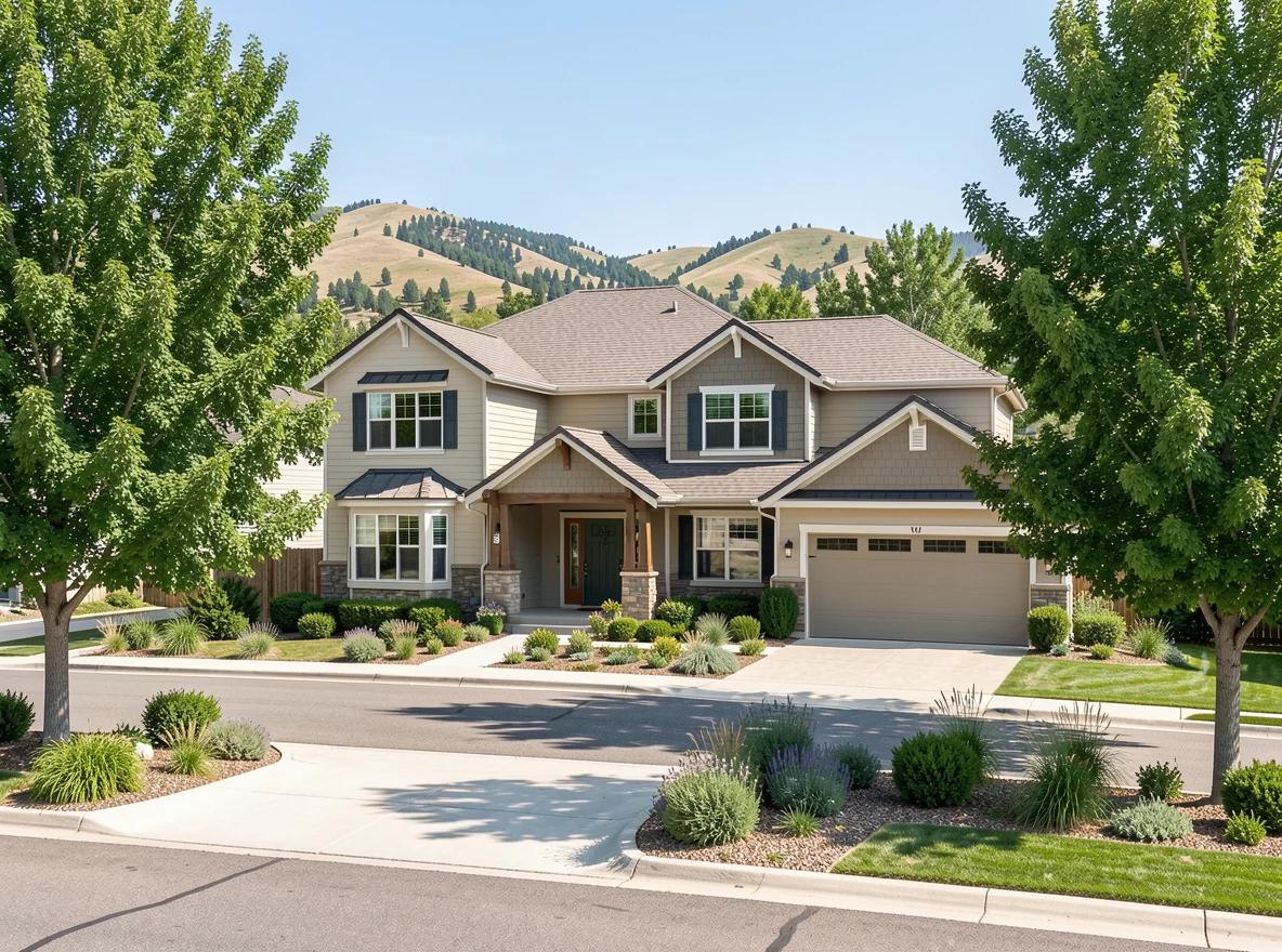 Castle Rock neighborhood streetscape with mature trees and foothill views