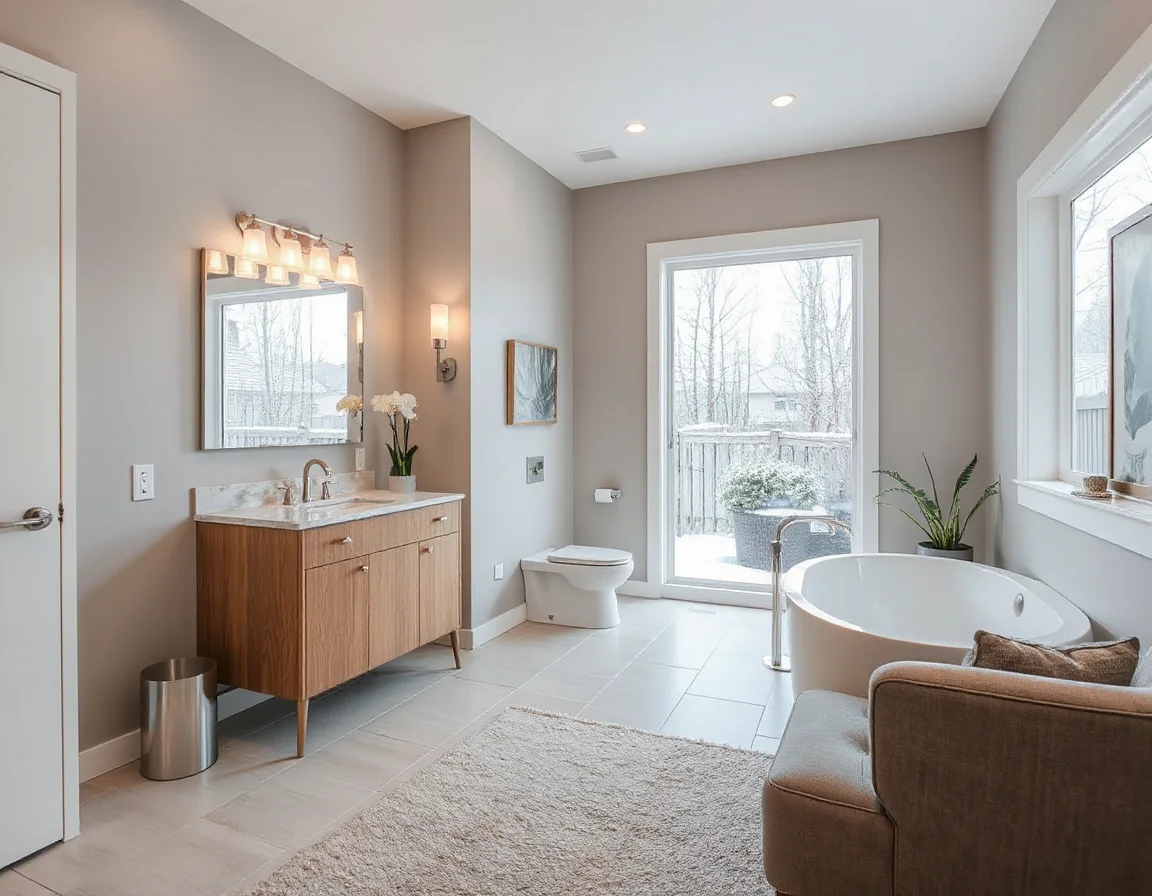 Updated bathroom featuring porcelain tile, oak vanity, and layered lighting