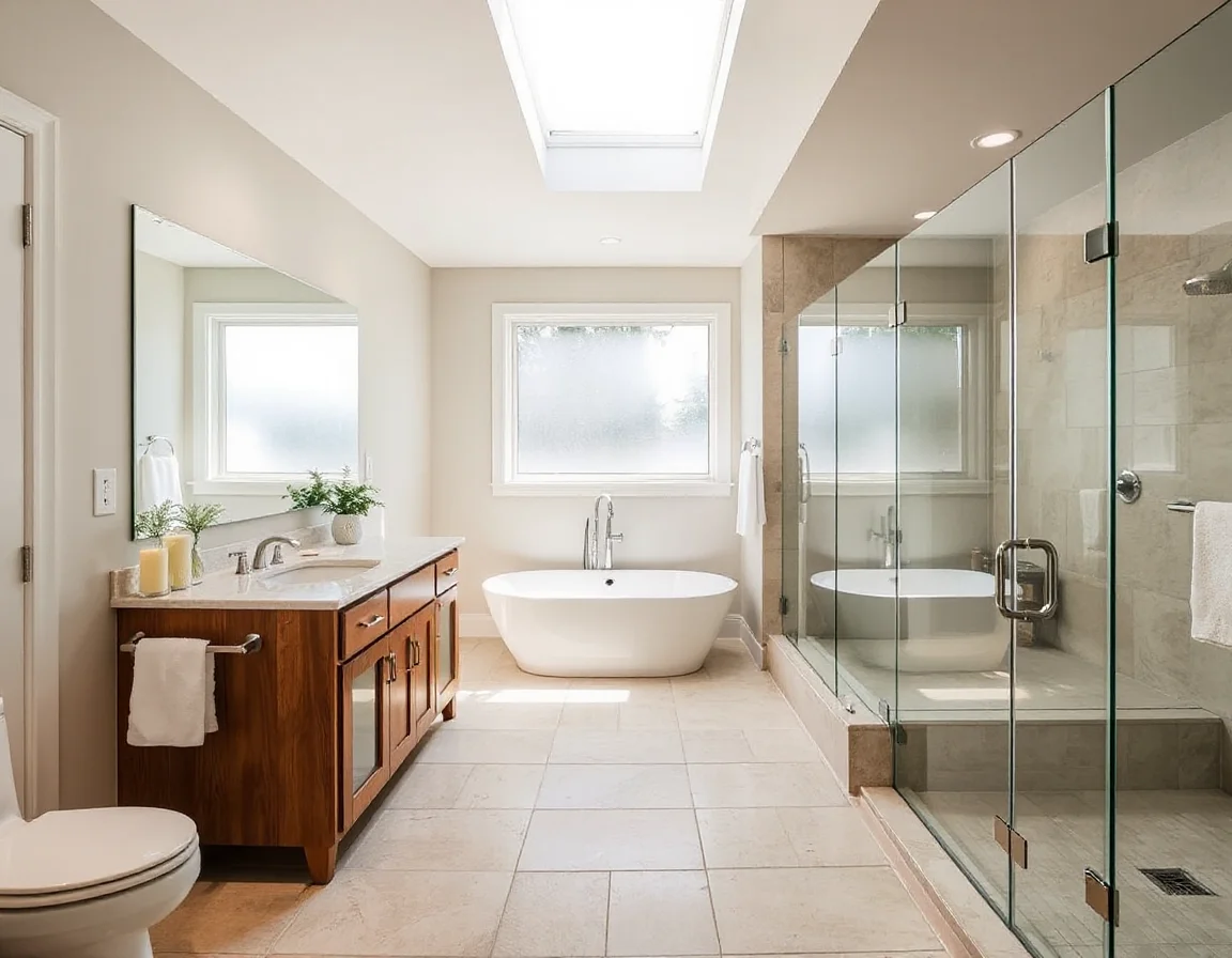 Functional updated bathroom with double vanity and glass shower