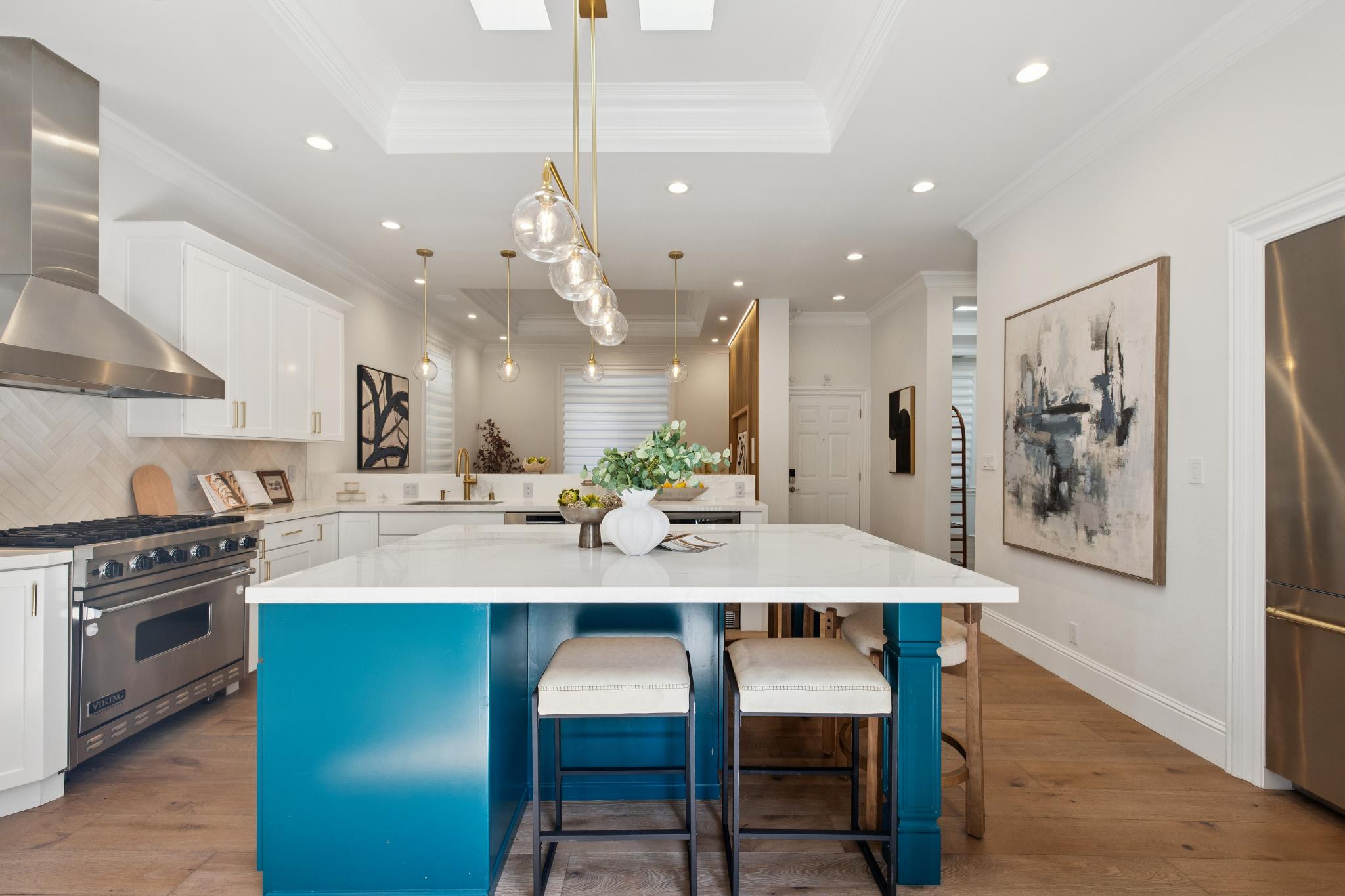 Bright Marina District style living room with neutral furnishings
